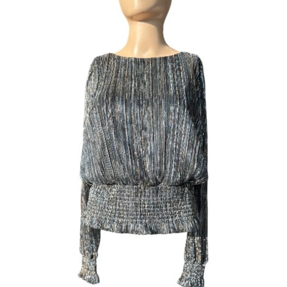 Joie Black Silver Gold Blue Metallic Sheer Smocked Waist Blouse Size M - Picture 1 of 10